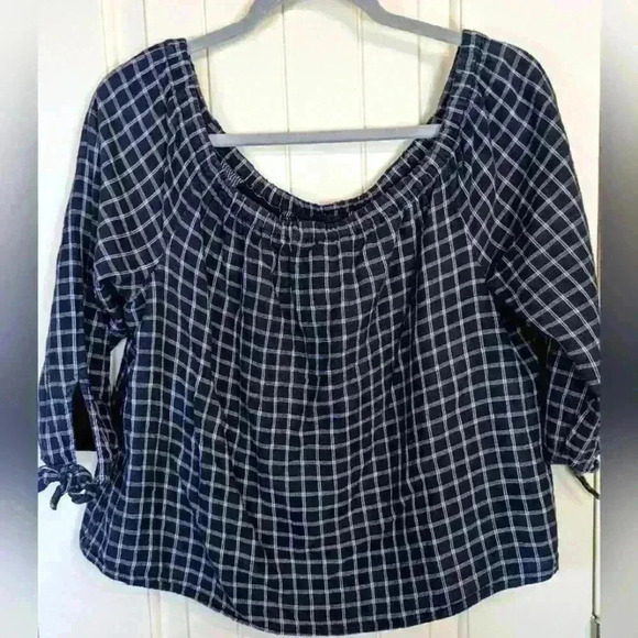 Madewell Plaid Off or On the Shoulder Top Sz Large Black/ White Tie Sleeves - Picture 3 of 8